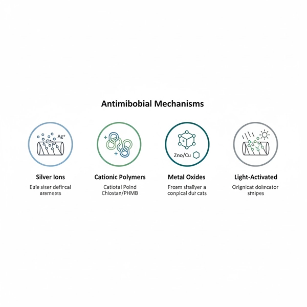 اینفوگرافیک سازوکارهای ضد‌میکروبی: یون نقره، پلیمرهای کاتیونی، اکسید فلزات و فعال‌شونده با نور
