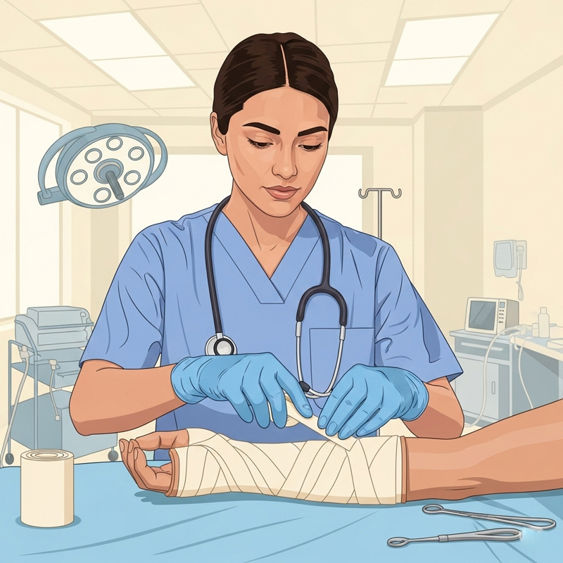 Close-up image of a healthcare professional applying fiberglass orthopedic cast bandage step-by-step on patient's forearm