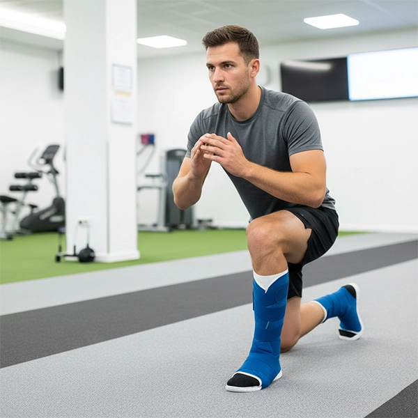 ورزشکار در حال انجام تمرین سبک با حمایت سافت‌کست روی مچ پا در محیط تمرینی