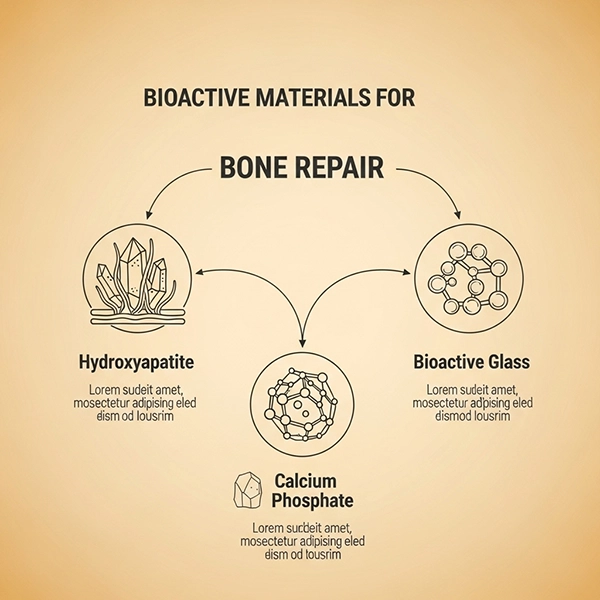 اینفوگرافیک مواد زیست‌فعال برای ترمیم استخوان: هیدروکسی‌آپاتیت، شیشه زیست‌فعال و فسفات کلسیم با نقش هرکدام
