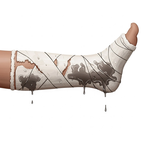 گچ ترک‌خورده و خیس روی اندام به‌عنوان وضعیت خطر که نیاز به ارزیابی فوری دارد