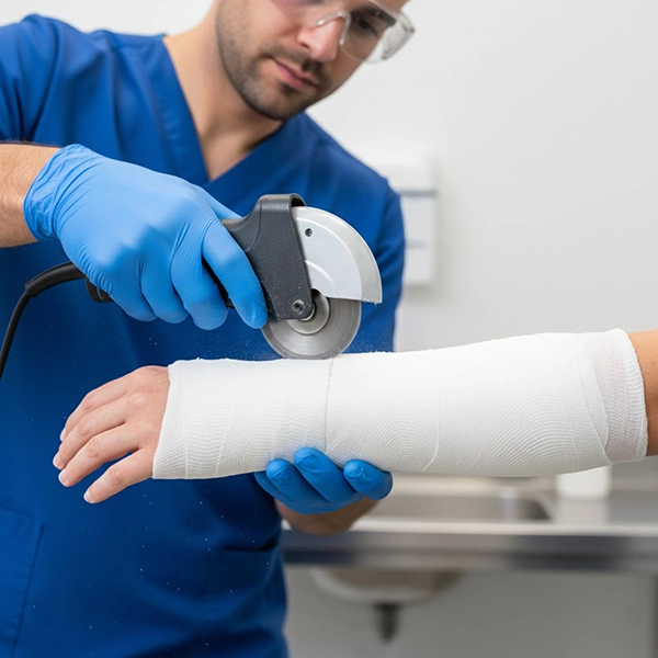 قرارگیری صحیح اره گچ با زاویه عمود، استفاده از محافظ و تجهیزات ایمنی هنگام برداشتن گچ فایبرگلاس