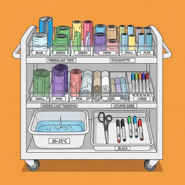 ترالی کامل گچ‌گیری شامل رول‌های فایبرگلاس، استاکینت، پدینگ، لگن آب و ابزار برش
