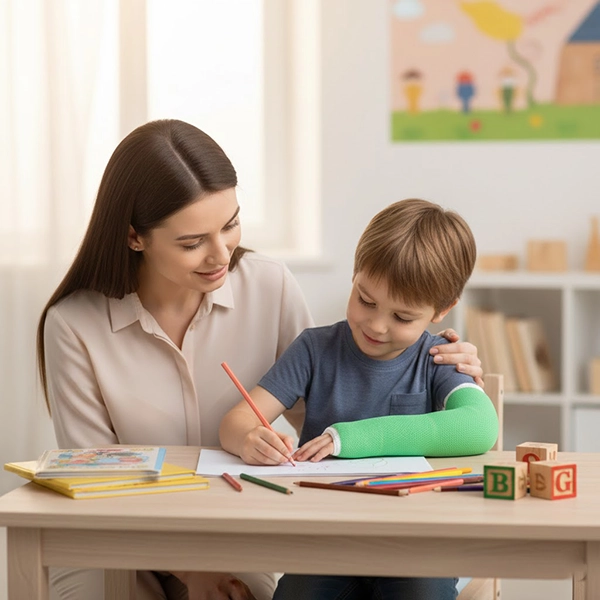 کودک در حال انجام فعالیت کم‌تحرک و ایمن با وجود سافت‌کست برای حفظ آرامش و همکاری