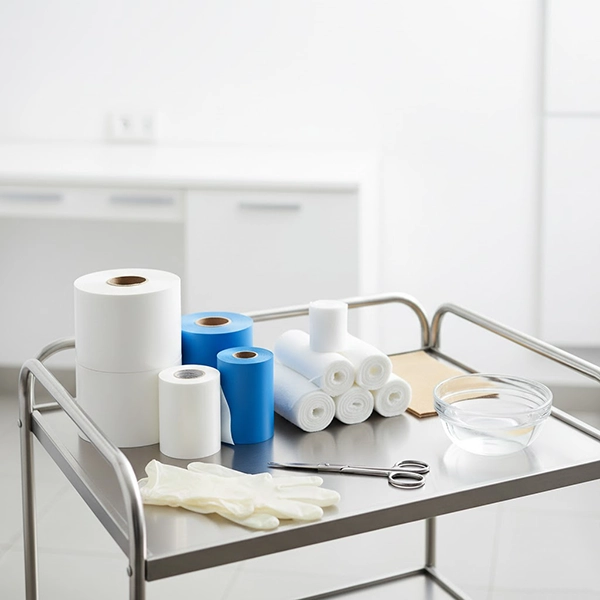 چیدمان بالینی برای گچ‌گیری مچ، ساعد و قوزک با باند فایبرگلاس؛ رول‌ها، پدینگ و ابزار روی ترالی