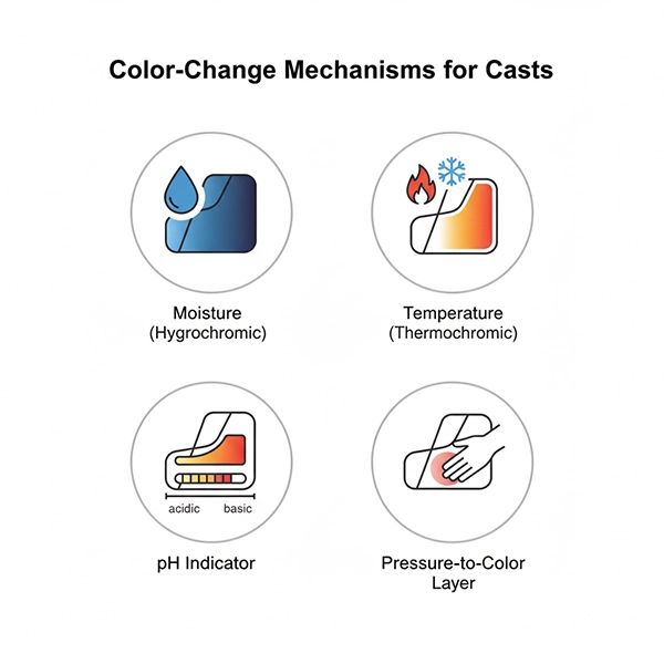 Infographic of color-indicator mechanisms on casts: moisture, temperature, pH and pressure