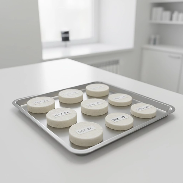 نمونه‌های پَک رزینی سفت‌شده برای دفع ایمن: قطعات جامد، برچسب تاریخ و بخش