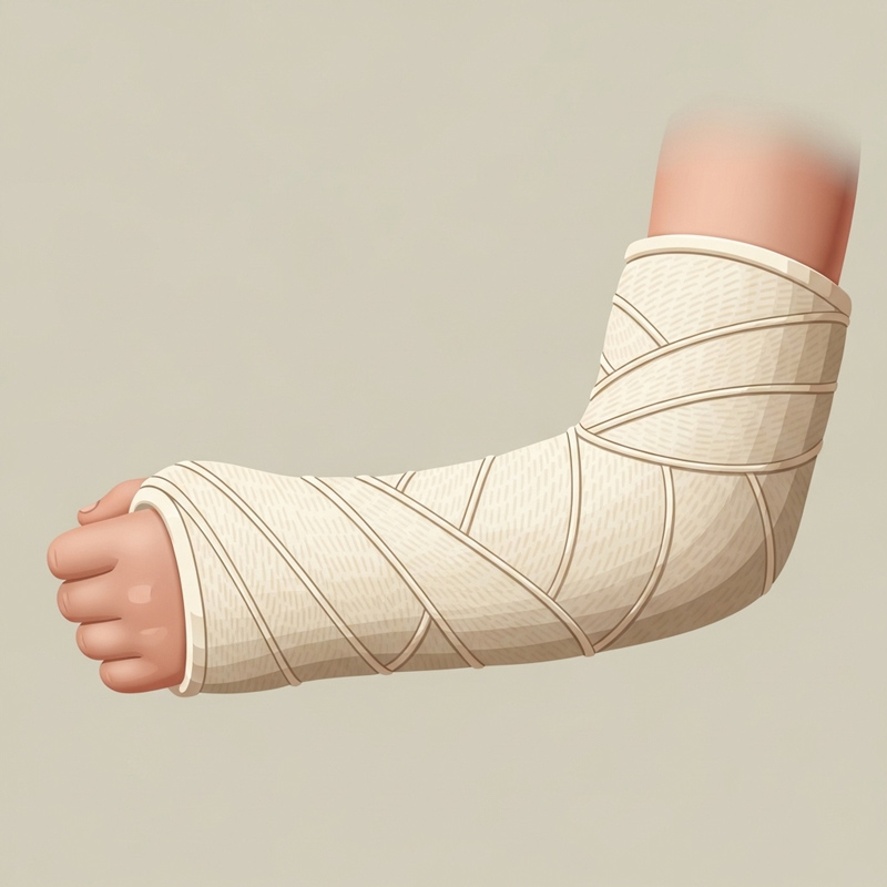 Dry fiberglass orthopedic cast bandage on a child's arm in a modern medical environment