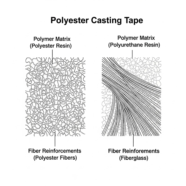 ساختار الیاف و ماتریس در باند فایبرگلاس و پلی‌استر به صورت شماتیک