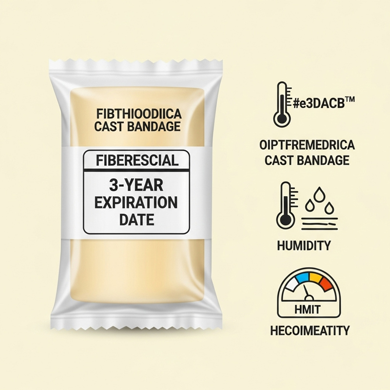 اینفوگرافیک تاریخ انقضای سه ساله روی بسته‌بندی باند فایبرگلاس همراه با نمادهای شرایط مناسب نگهداری