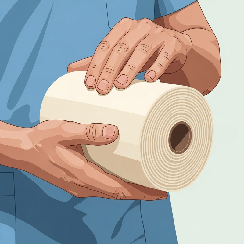 تصویر نزدیک از رول نرم و انعطاف‌پذیر باند ارتوپدی فایبرگلاس که توسط متخصص پزشکی با دقت نگهداری می‌شود