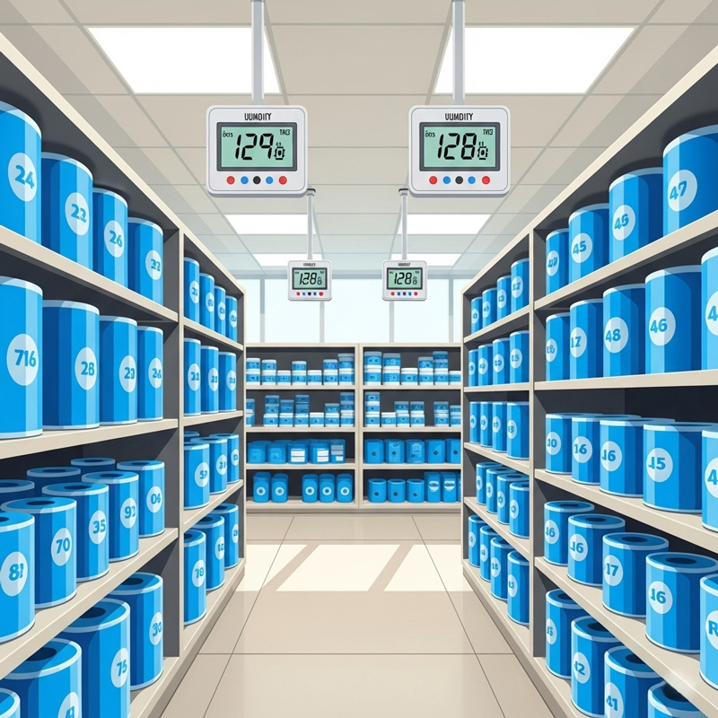 اتاق انبار روشن و منظم با قفسه‌های نگهداری باندهای ارتوپدی فایبرگلاس و نمایشگر دما و رطوبت در شرایط ایده‌آل