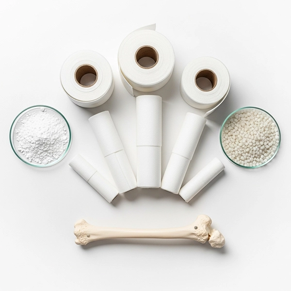 باند فایبرگلاس در کنار پودر هیدروکسی‌آپاتیت و دانه‌های شیشه زیست‌فعال روی پس‌زمینه سفید