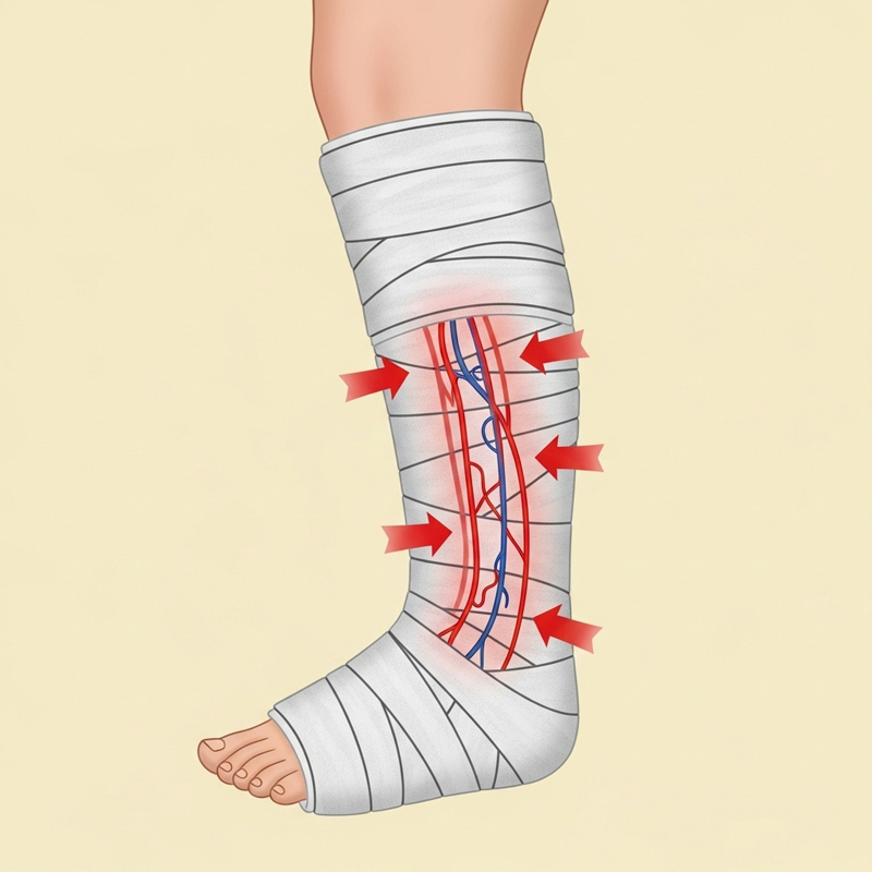 تصویر شماتیک کاهش جریان خون در پا به علت فشار باند فایبرگلاس