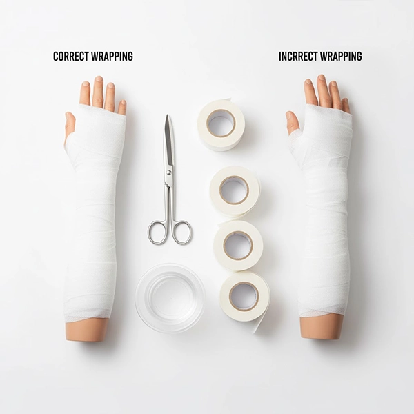 Educational layout of casting tools with side-by-side examples of correct and incorrect fiberglass wrapping