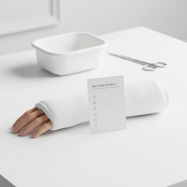 نمای نزدیک از گچ فایبرگلاس روی ساعد همراه با چک‌لیست مراقبت‌های روزمره روی میز