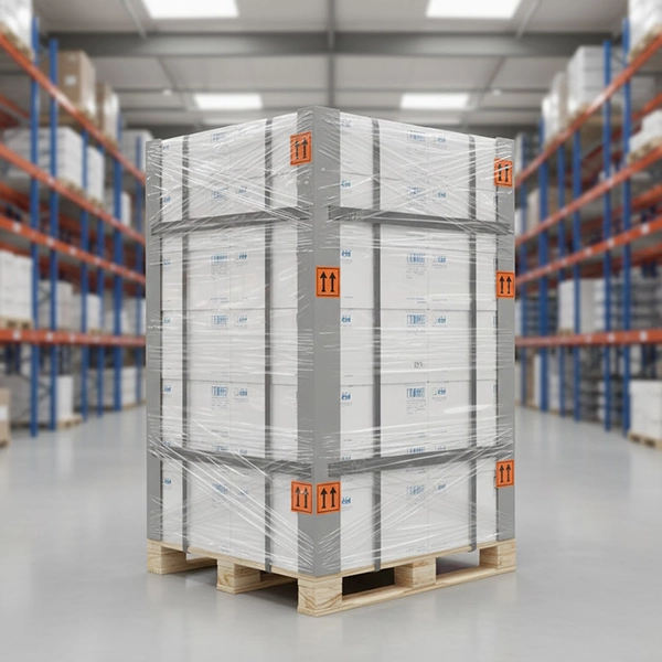 پالت‌بندی کارتن‌های باند فایبرگلاس با لفاف محافظ، نایلون شرینک، تسمه‌کشی و لیبل حمل؛ آماده‌سازی برای صادرات به خاورمیانه