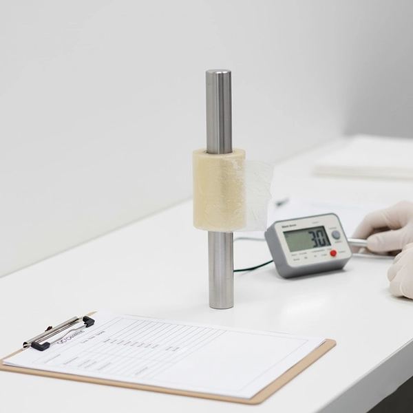 Test bench with a stopwatch and a fiberglass cast sample curing on a standard mandrel
