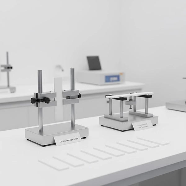 Fiberglass cast test coupons mounted on tensile and flexural fixtures in a QC lab