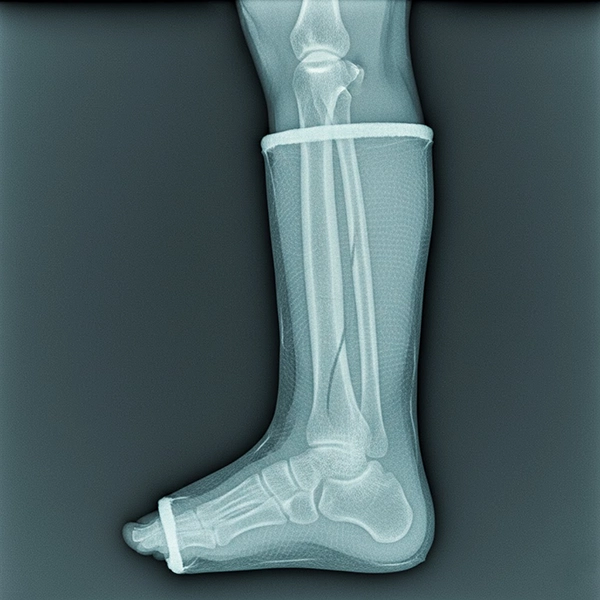 نمای رادیولوژی از اندام گچ‌گیری‌شده با باند فایبرگلاس که جزئیات استخوان را با شفافیت بالا نشان می‌دهد
