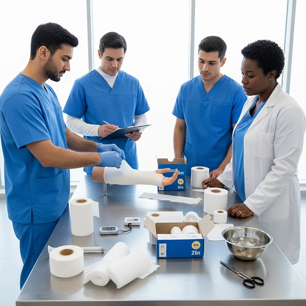 کارگاه آموزشی گچ‌گیری با باند فایبرگلاس؛ مربی در حال توضیح مراحل به پرسنل با تجهیزات کامل