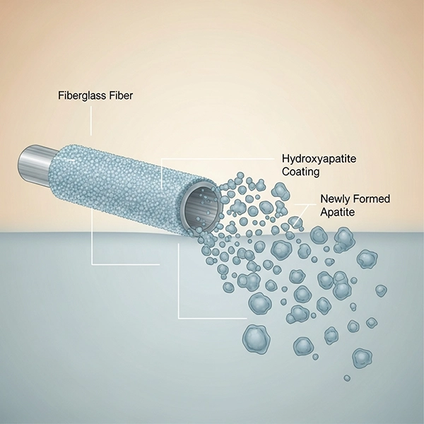 نمای شماتیک میکروسکوپی از اتصال لایه هیدروکسی‌آپاتیت به الیاف فایبرگلاس و تشکیل آپاتیت سطحی