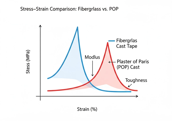 اینفوگرافیک منحنی تنش–کرنش و مقایسه کیفی مدول و استحکام بین باند فایبرگلاس و گچ POP
