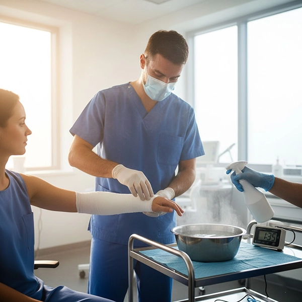 Applying a fiberglass cast in a hot, humid clinic; controlled lukewarm water and a timer to manage set time