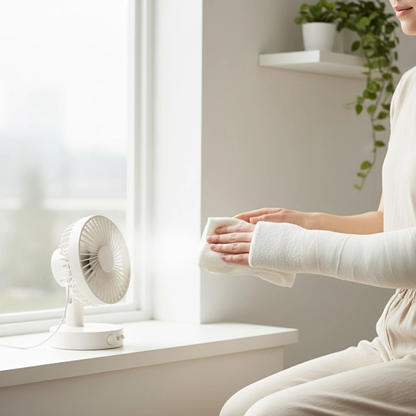 Daily care of a fiberglass cast in humid climates; gentle drying and natural ventilation to reduce sweat