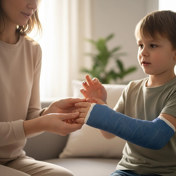 کودکی که با کمک والدین علائم هشدار زیر گچ را بررسی می‌کند؛ تمرکز بر رنگ و حرارت انگشتان