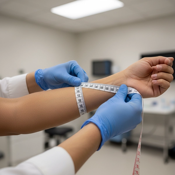 اندازه‌گیری محیط ساعد با متر نواری برای انتخاب عرض مناسب باند فایبرگلاس