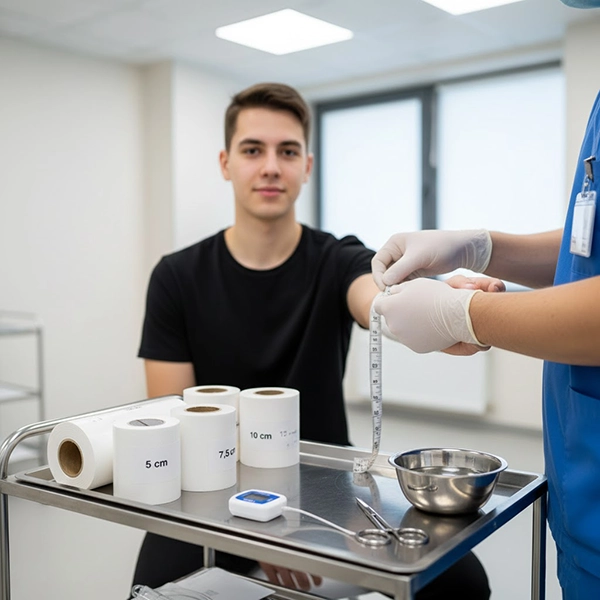 اندازه‌گیری محیط اندام با متر نواری برای تعیین دقیق عرض مناسب باند فایبرگلاس