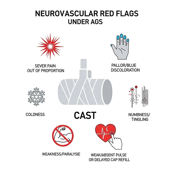 اینفوگرافیک علائم عصبی-عروقی خطرناک زیر گچ: رنگ‌پریدگی، سردی، بی‌حسی، ضعف حرکت و درد شدید
