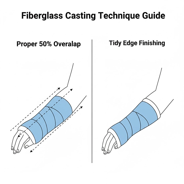 Visual guide for uniform overlap and tidy edge finishing on fiberglass casts