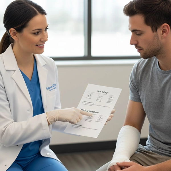 راهنمای شفاهی به بیمار دربارهٔ مراقبت پوستی و علائم هشدار پس از گچ‌گیری با باند فایبرگلاس