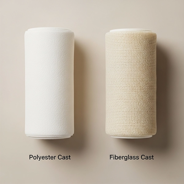 نمای مقایسه‌ای باند پلی‌استر و باند فایبرگلاس در کنار هم برای انتخاب بالینی