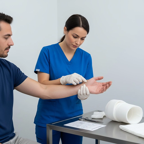 پس از برداشتن گچ: بررسی پوست و پدینگ، کنترل CSM و شروع تمرین‌های دامنهٔ حرکتی