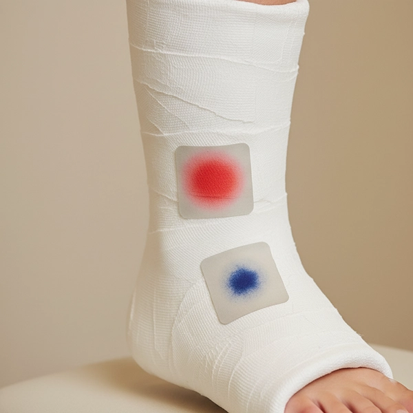 Close view of a heel area with pressure and moisture indicator patches on the final fiberglass cast layer