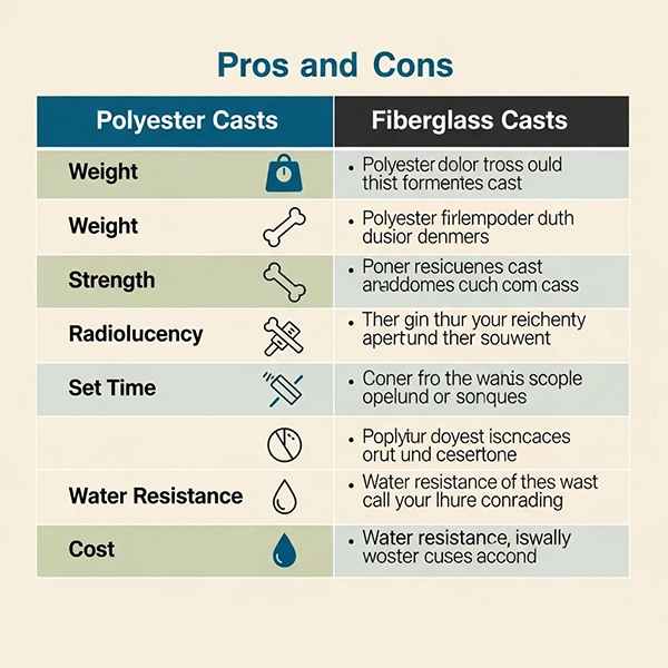 جدول مزایا و معایب بالینی باند پلی‌استر و فایبرگلاس برای تصمیم‌گیری