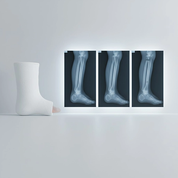 چیدمان بالینی: باند فایبرگلاس رادیولوسنت در کنار کلیشه‌های رادیولوژی و توضیح روند پایش شکستگی