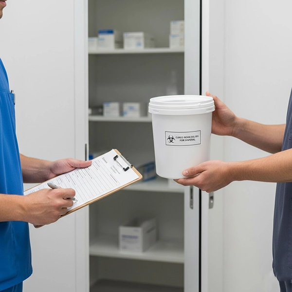 ظرف دربسته و برچسب‌دار پسماند رزینی در حال تحویل به انبار مرکزی با فرم ردیابی