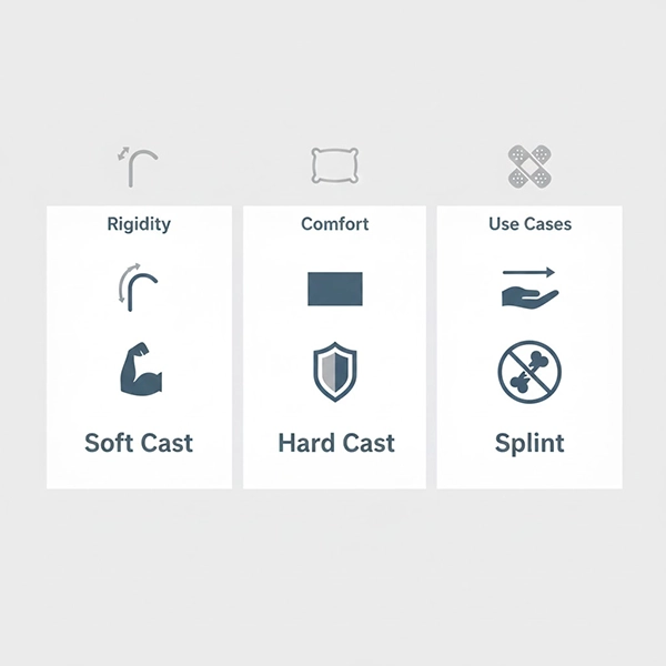 جدول مقایسه کاربردی بین سافت‌کست، هاردکست و اسپلینت از نظر استحکام، راحتی و کاربرد بالینی