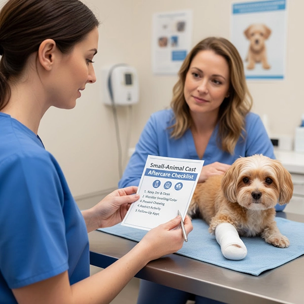 Small-animal cast aftercare checklist reviewed before discharge from the clinic