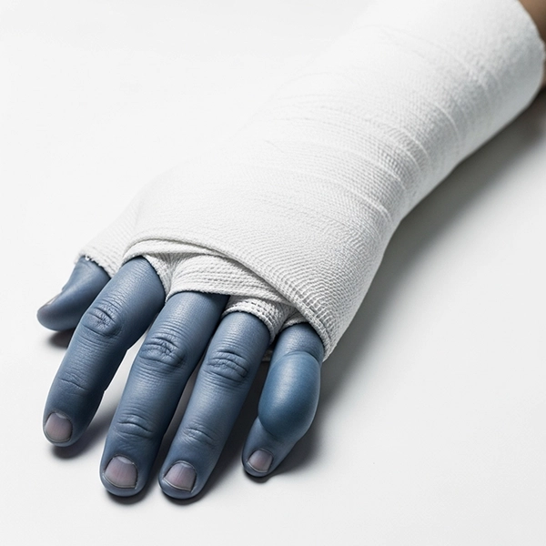 دست گچ‌گرفته با انگشتان کبود و متورم به‌عنوان نشانه‌های خطر پس از گچ‌گیری