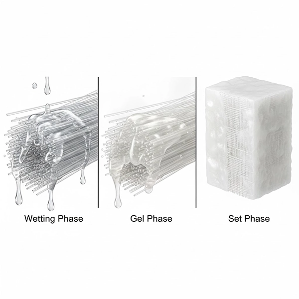 نمای شماتیک از الیاف فایبرگلاس پوشیده با رزین پلی‌یورتان فعال‌شونده با آب و مراحل ژل تا سخت‌شدن