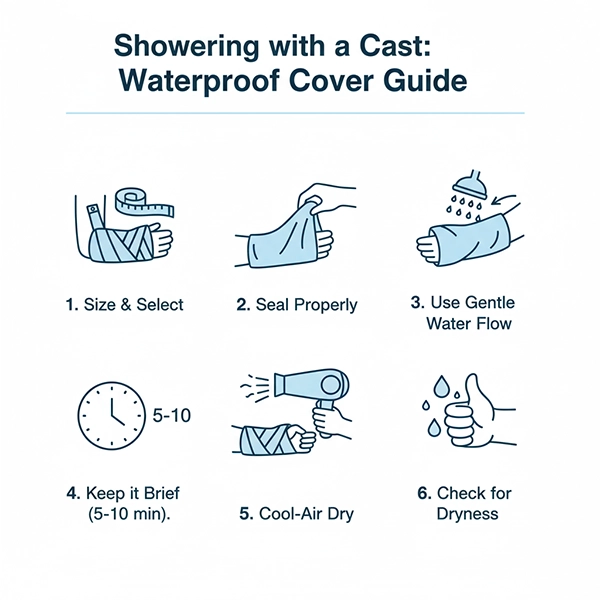 اینفوگرافیک مراحل استفاده از کاور ضدآب برای دوش گرفتن با گچ فایبرگلاس