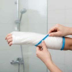 نمای نزدیک از گچ فایبرگلاس روی ساعد همراه با چک‌لیست مراقبت‌های روزمره روی میز