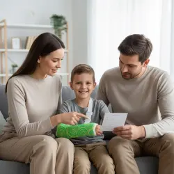 کودکی با گچ فایبرگلاس رنگی روی ساعد که والدین با لبخند مراقبت‌های روزانه را بررسی می‌کنند