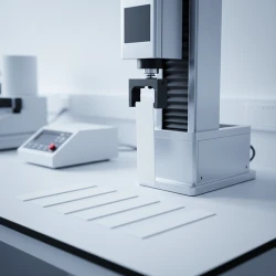 چیدمان آزمایشگاهی باند فایبرگلاس روی میز تست مکانیکی همراه با نمونه‌های نواری نصب‌شده در فیکسچر کشش