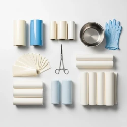 چیدمان فلت لای تمیز از تجهیزات گچ‌گیری شامل رول‌های فایبرگلاس، استاکینت، پدینگ، قیچی و لگن روی پس‌زمینه سفید